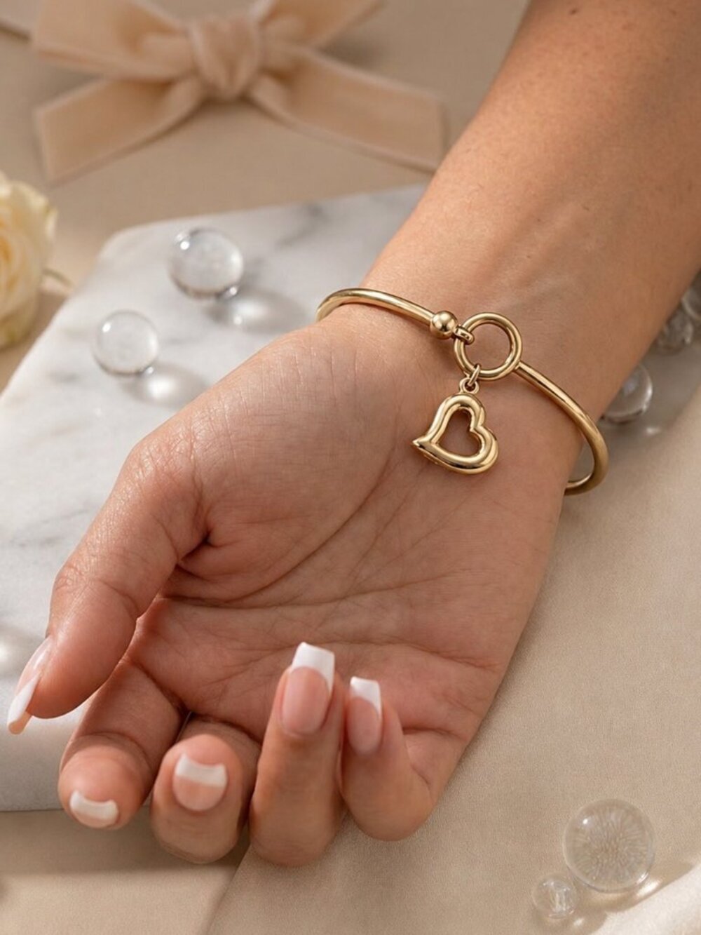 18K Gold Plated 316L SS Hollow Heart Charm Bangle Bracelet Coquette 2.5"